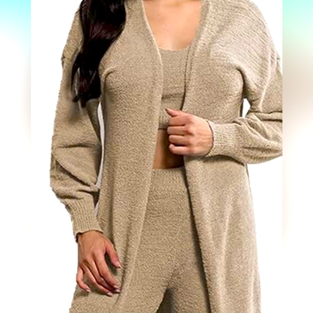 Fuzzy Three Piece Sweatsuit-Cardigan Set